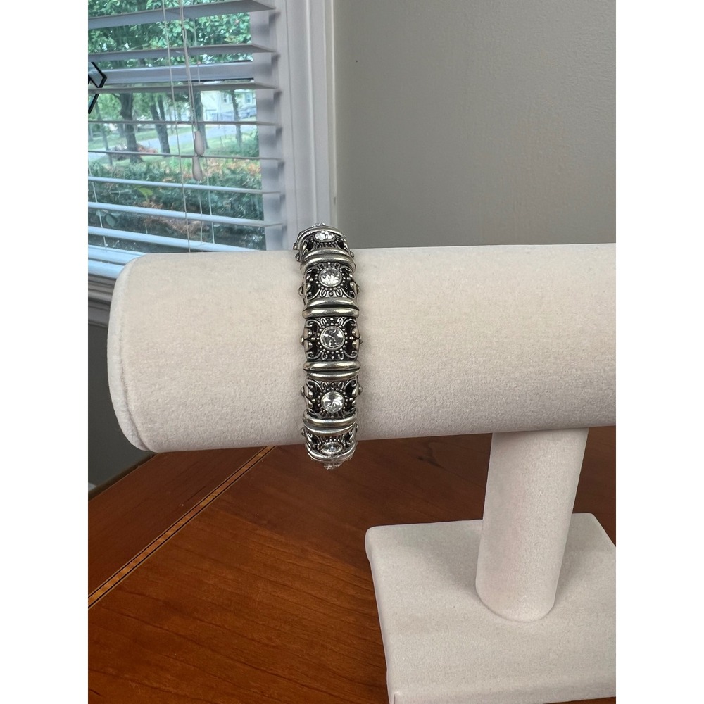 Vintage Silver Tone Rhinestone Ornate Stretch Panel Bangle Bracelet Bohemian